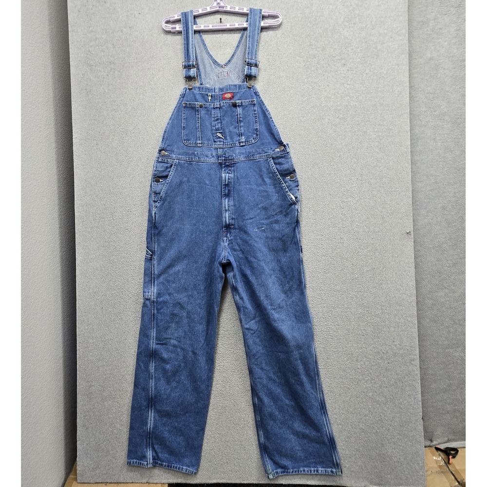 Dickies Men Jeans 38X34 Blue Denim Overalls Workwear 31" Inseam Bib READ
